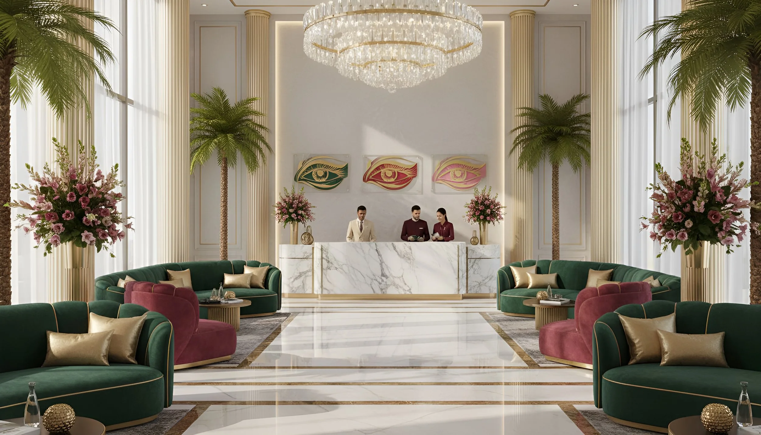 Luxurious hotel lobby with marble floors, green and pink velvet sofas, gold pillows, large floral arrangements, palm trees, and a reception desk with three staff members. Artwork of eyes on the wall behind the desk, a grand chandelier hanging from th