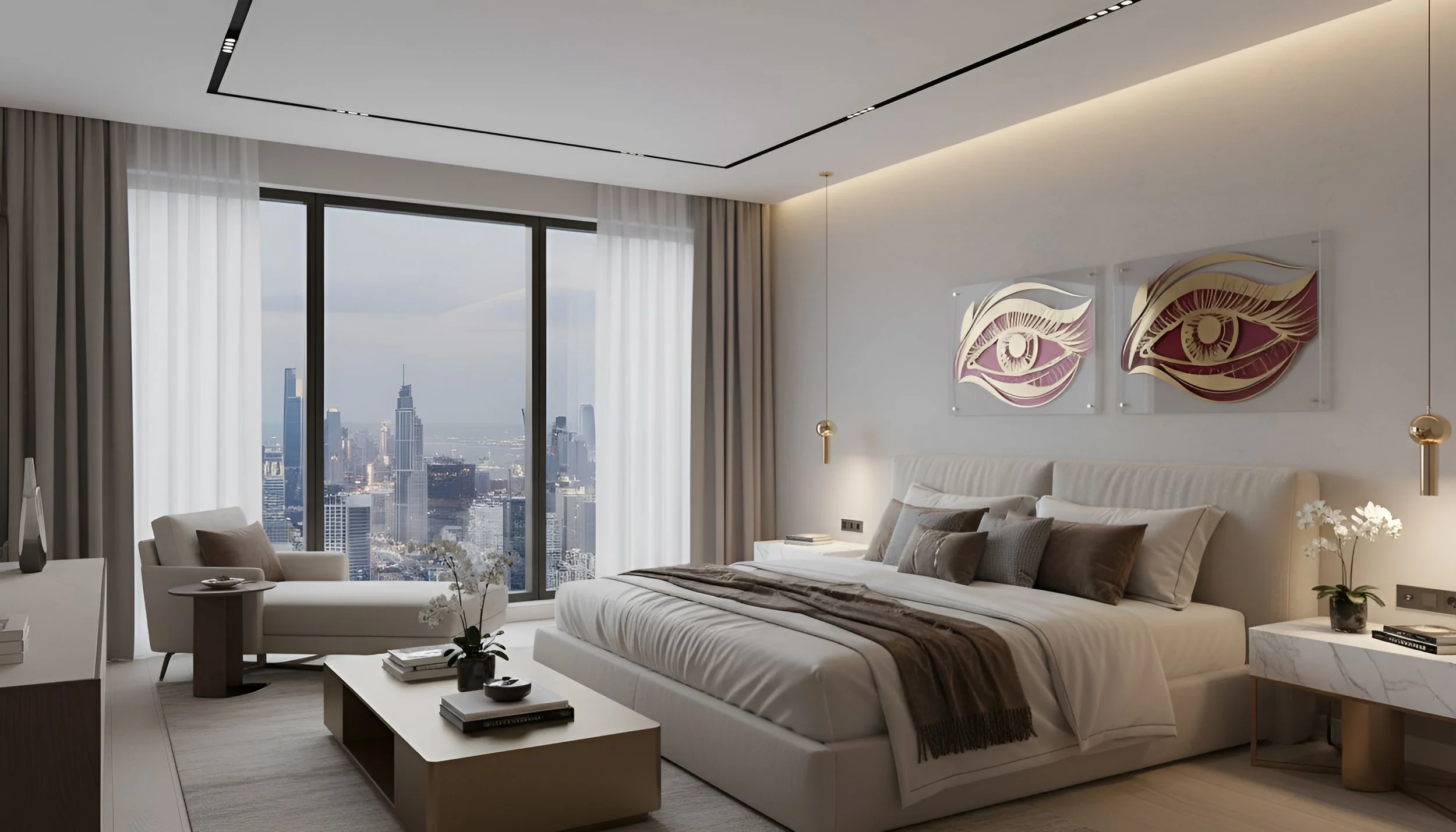 Luxurious modern bedroom with a large bed, gray, white, and beige accents, wall art of stylized eyes, sitting area by window with city skyline view, curtains, and side tables with flowers.