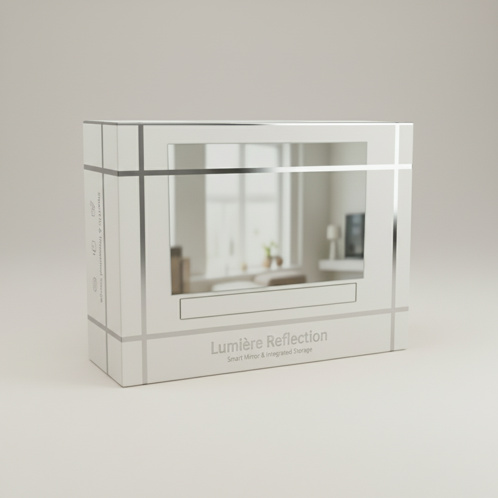 Box packaging for a Lumière Reflection smart mirror, showing a reflection of a modern living room with a window, plants, and furniture.