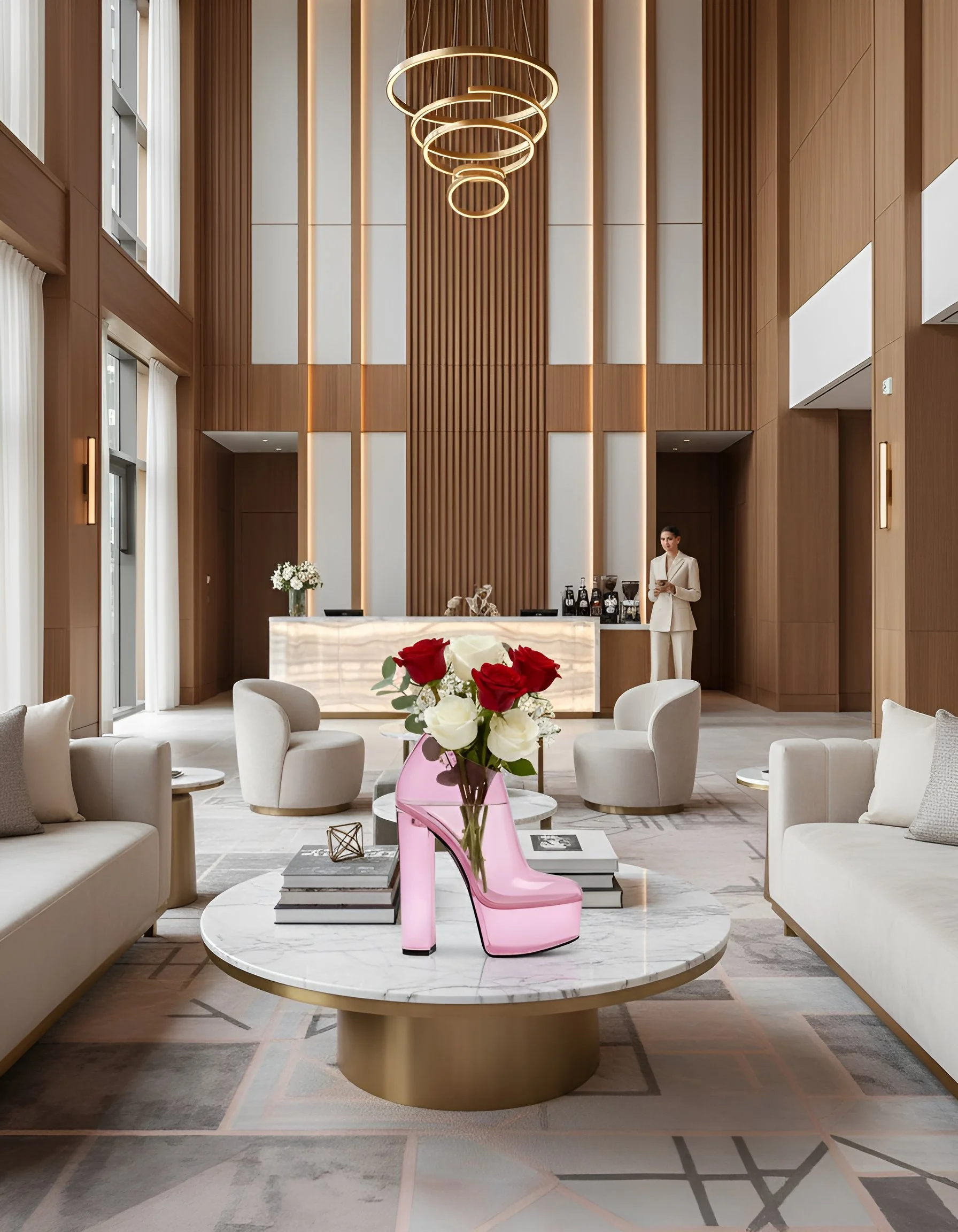 Modern hotel lobby with white sofas, beige armchairs, and a marble coffee table with a pink high-heeled shoe vase holding red and white roses. A woman in a white suit stands at the reception counter, which has a backlit onyx front and floral decorations. The spacious room features wooden paneling and a contemporary circular chandelier.