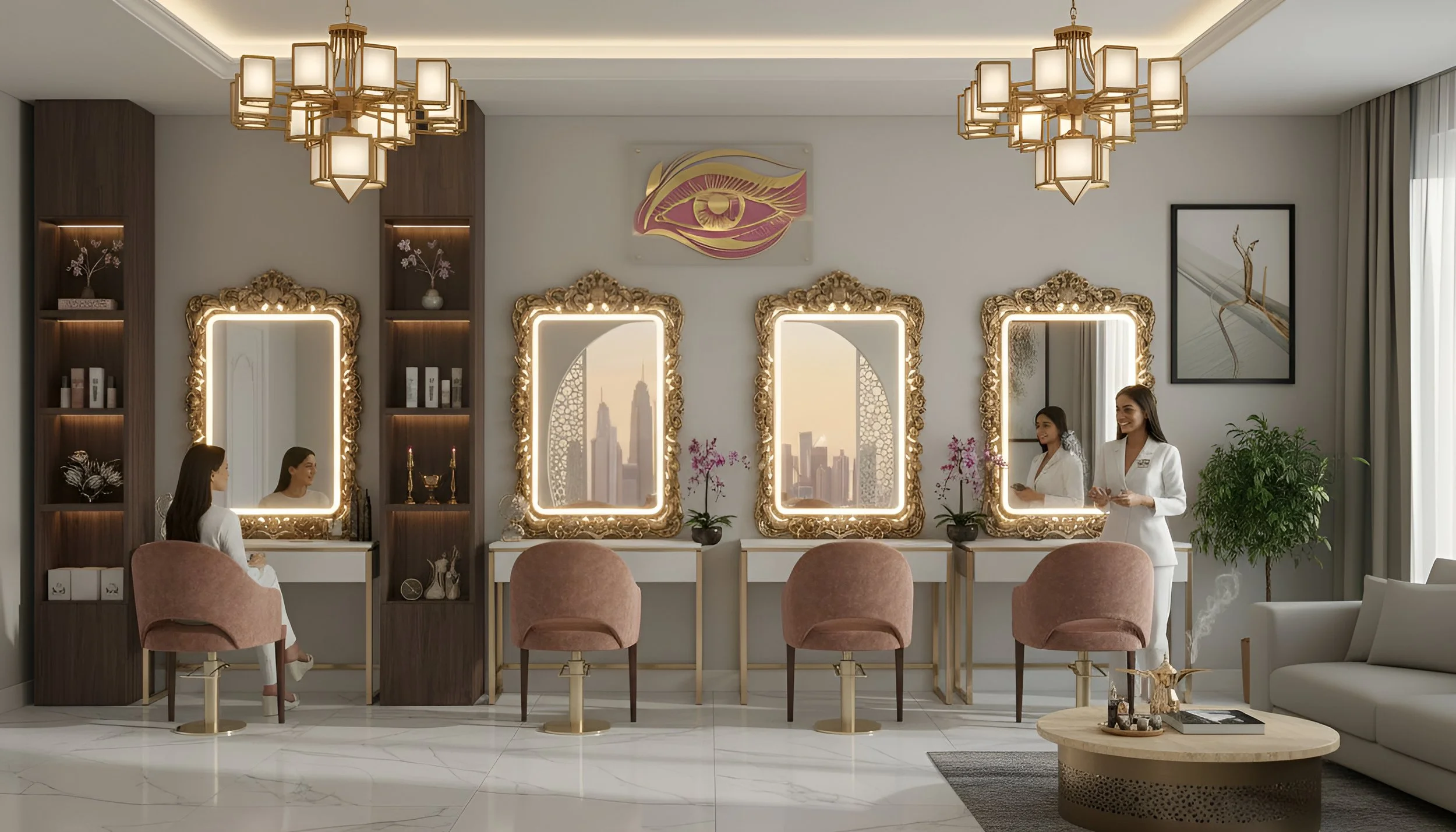 Interior of a beauty salon with three ornate mirrors, and two women in white uniforms talking, one seated and the other standing, with pink chairs, a sofa, and decorative elements like orchids and framed artwork.