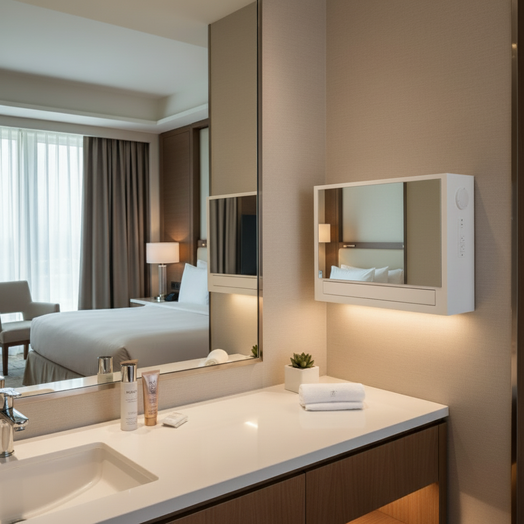 A hotel bathroom with a white countertop, a small sink, toiletries, a folded towel, a potted plant, and a mirror. The reflection shows a bedroom with a bed, bedside lamps, curtains, and a chair.