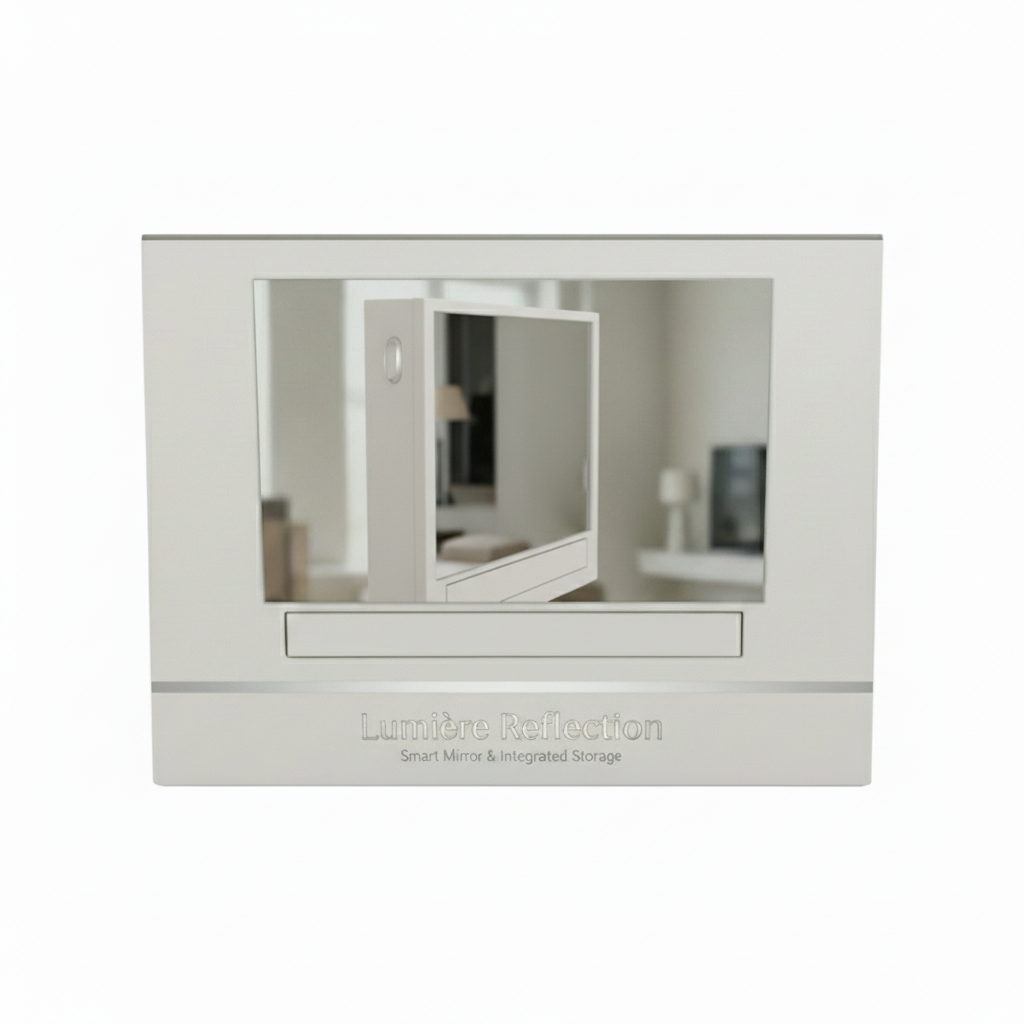 A smart mirror with a reflective surface and a small digital display showing a reflection of a room with a lamp and furniture.