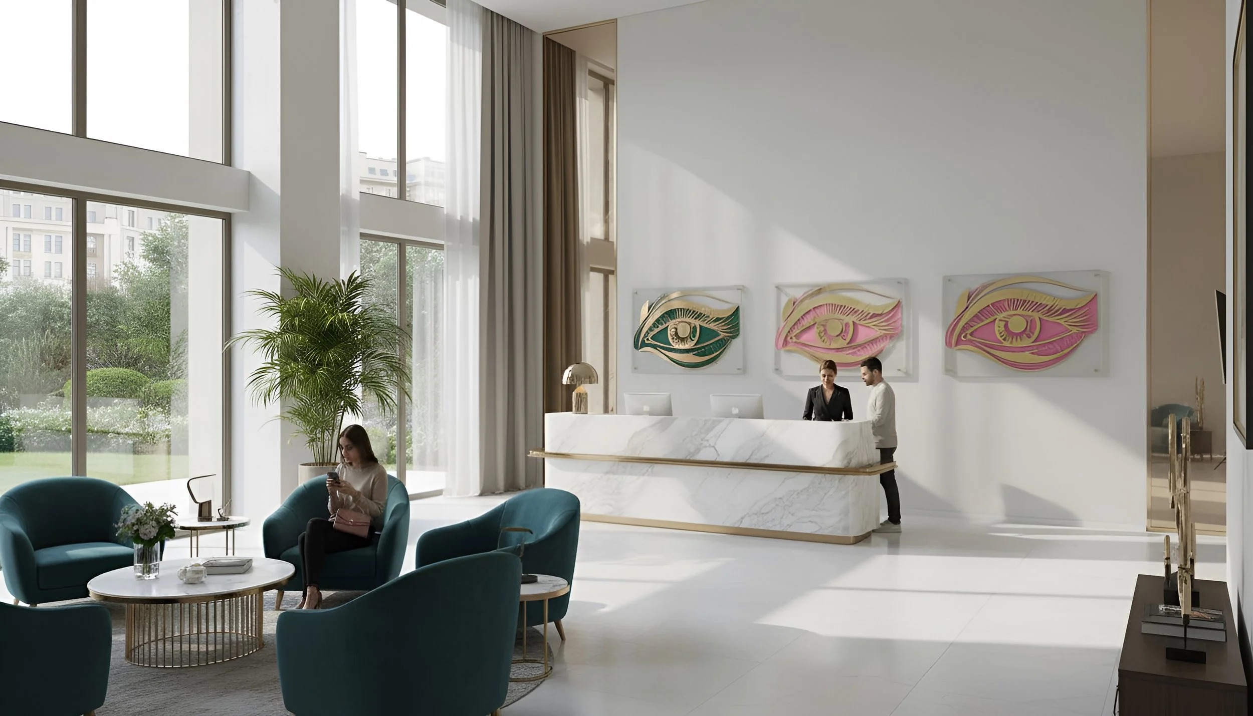 Modern hotel lobby with large windows, white walls, and a reception desk. A woman is sitting on a teal armchair looking at her phone, and two staff members are behind the marble reception desk. Artwork of colorful eyes decorates the wall behind them.