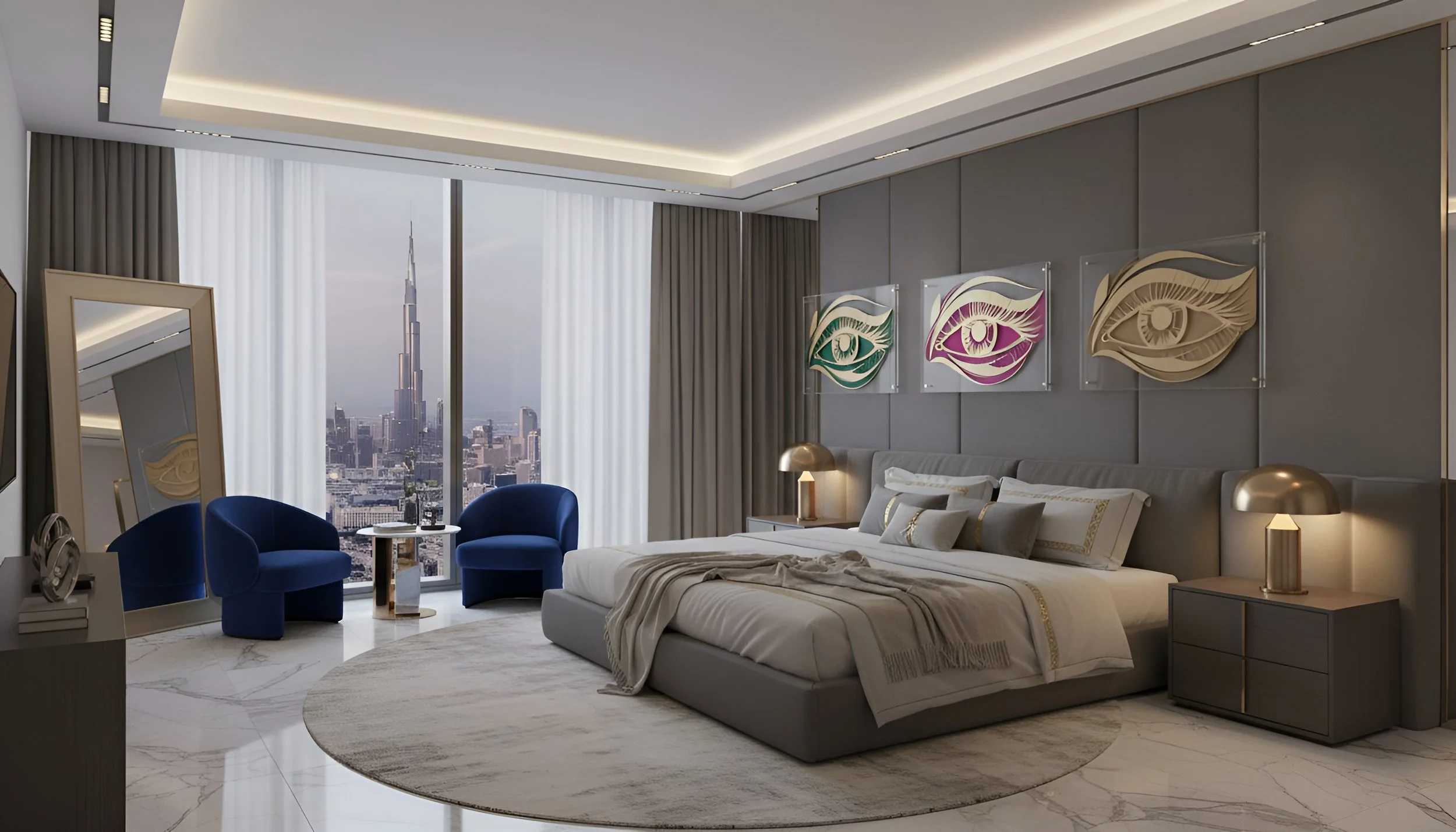 Modern hotel bedroom with a large window showcasing a city view of Dubai, including the Burj Khalifa. The room has a gray and white color scheme, with contemporary art featuring eye motifs on the wall, a king-sized bed with pillows, and blue accent c