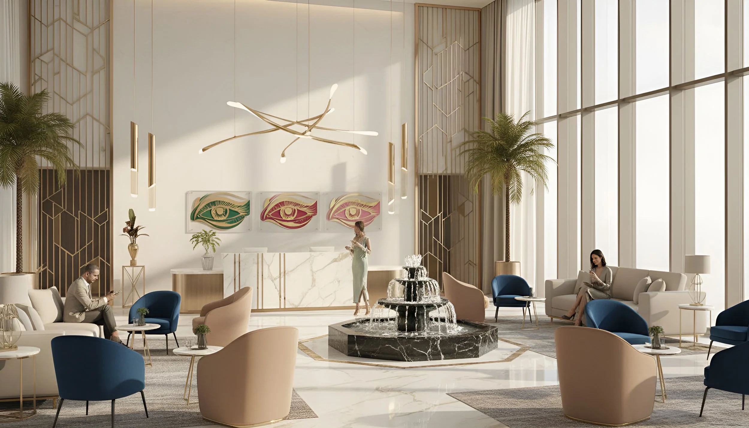 A hotel lobby with modern decor, featuring a marble reception desk, a black marble fountain in the center, seating arrangements with beige and blue chairs, tall windows with sheer curtains, potted palm trees, and contemporary art with eyes on the wal