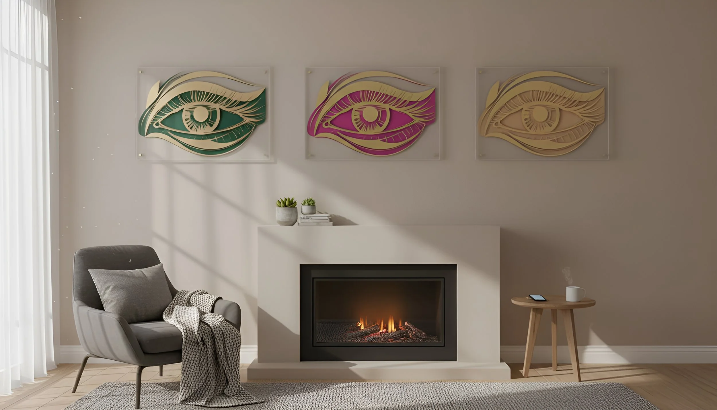 Modern living room with a grey armchair, a fireplace, a small wooden side table with a coffee mug and a smartphone, and three colorful wall art pieces featuring abstract eyes in green, pink, and gold.