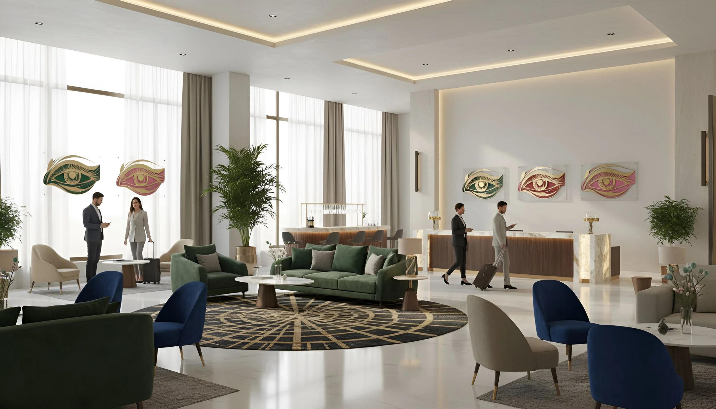 Luxurious hotel lobby with green and blue sofas, white armchairs, potted plants, modern artwork, and a reception desk with three people and two staff members.