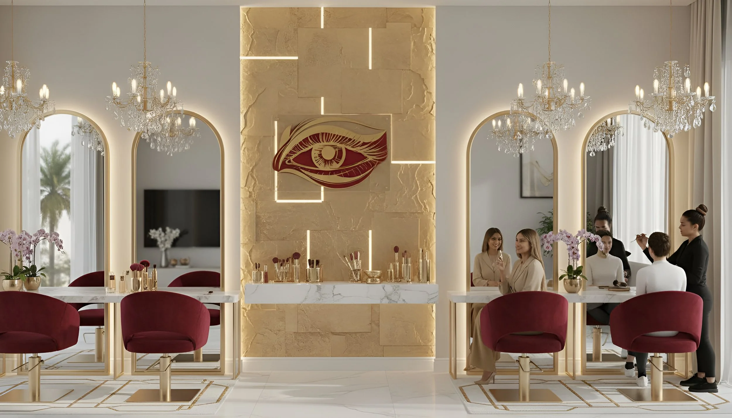 Elegant interior of a restaurant or lounge with red chairs, white marble tables, orchids, chandeliers, a gold wall with a decorative eye artwork, and people dining and staff attending to them.