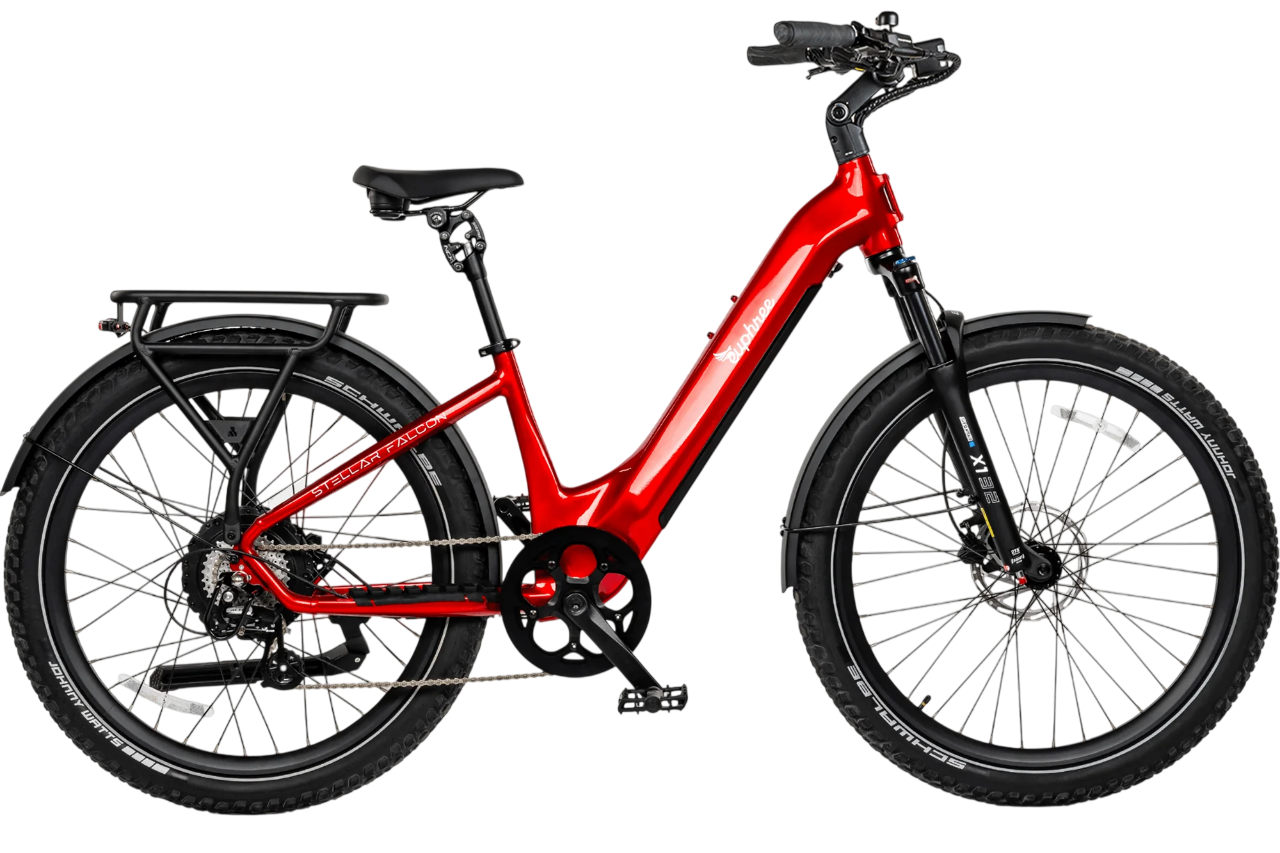 Red electric mountain bike with a rear rack, thick tires, and black suspension forks.