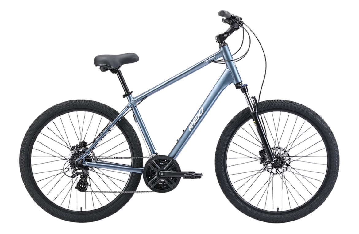Silver mountain bike with front suspension, black seat, and thick tires on a white background.