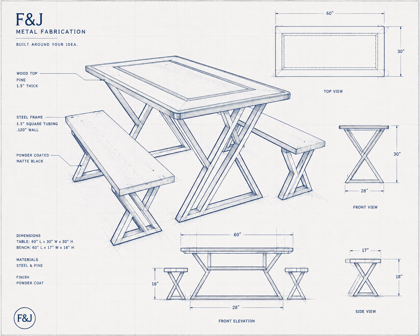 Blueprint design of a metal picnic table and benches, showing different views and dimensions, including top, front, side, and elevation views, with detailed measurements and material specifications.