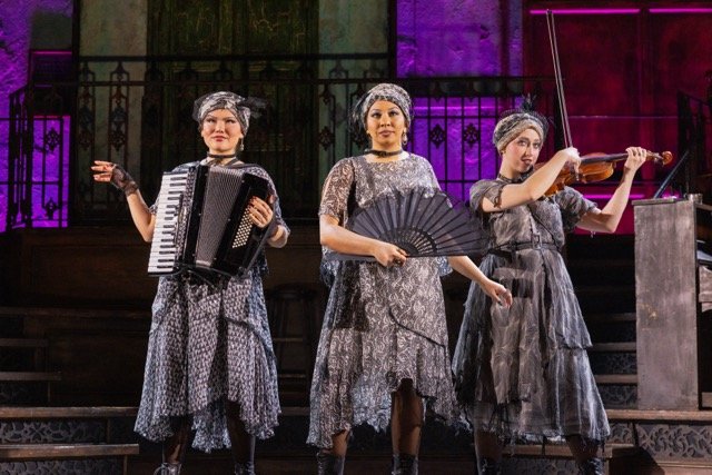 Jayna Westcoatt (Fate), Miriam Navarrete (Fate), and Gia Keddy (Fate) in Hadestown North American Tour,
2026.
Photo by: Evan Zimmerman for MurphyMade
