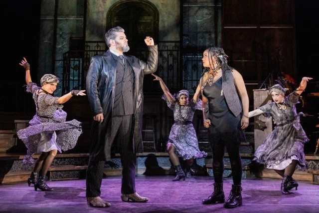 (L to R) Jayna Westcoatt (Fate), Nickolaus Colón (Hades), Miriam Navarrete (Fate), Hawa Kamara (Eurydice),
and Gia Keddy (Fate) in Hadestown North American Tour, 2026.
Photo by: Evan Zimmerman for MurphyMade