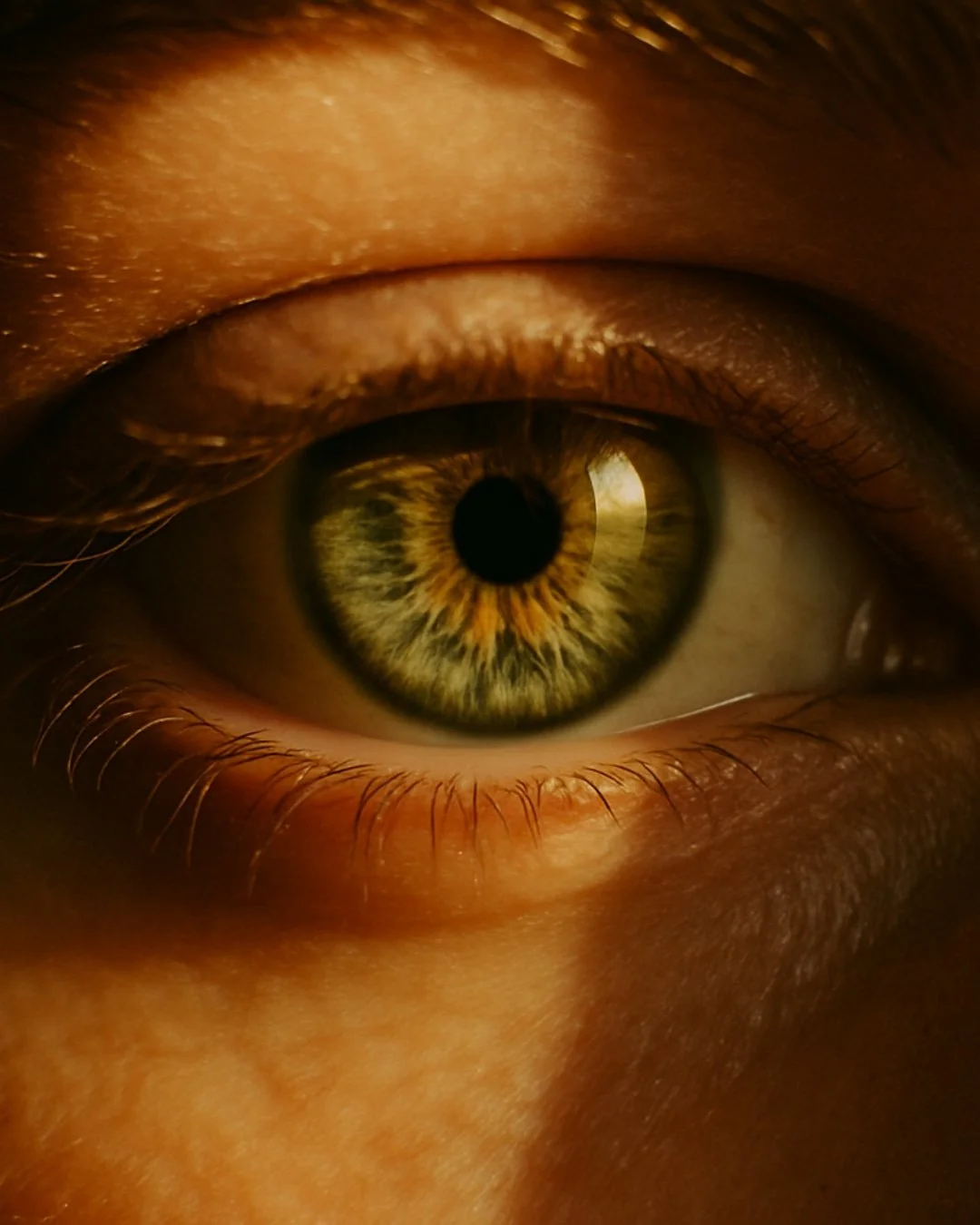Close-up of a human eye with a brown iris and detailed iris patterns.