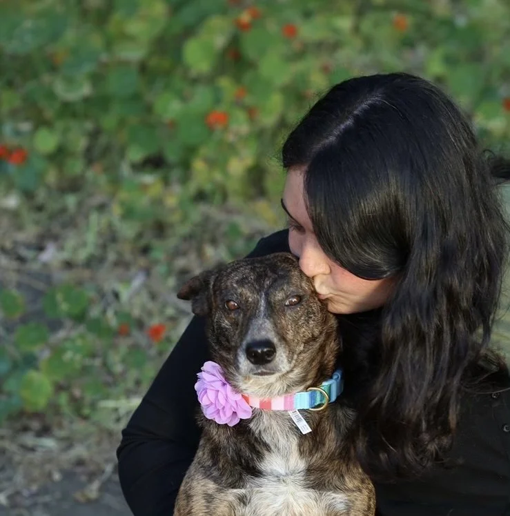Woman with long dark hair kissing a brindle dog with a pink flower collar outdoors.