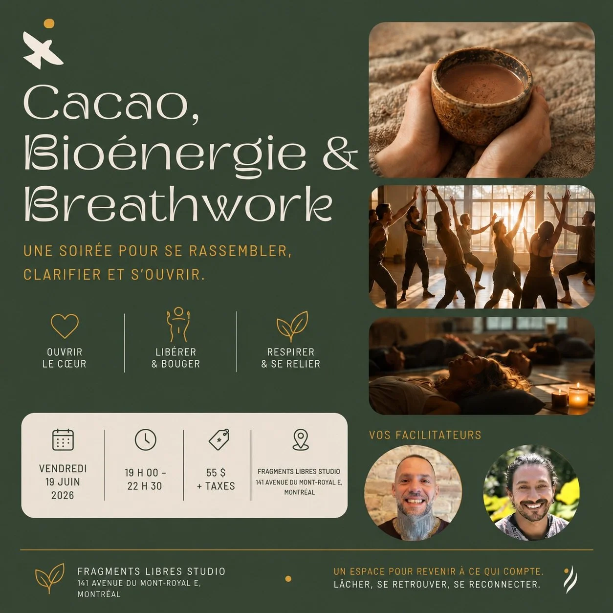 What we often look for outside is already here. An evening to stop, be real, and breathe together. Cacao, Bioenergy and Breathwork. Friday June 19 in Montreal. Link in bio.

__

Ce qu&rsquo;on cherche souvent &agrave; l&rsquo;ext&eacute;rieur est d&e
