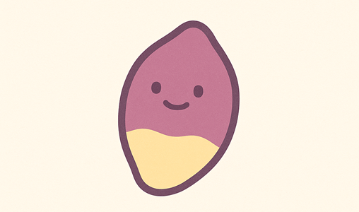 Cute, cartoon-style purple and yellow potato with a smiling face.
