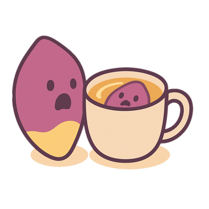 A cartoon illustration of a sweet potato with a surprised expression next to a mug containing a hot beverage, with a small purple sweet potato inside the mug also looking surprised.