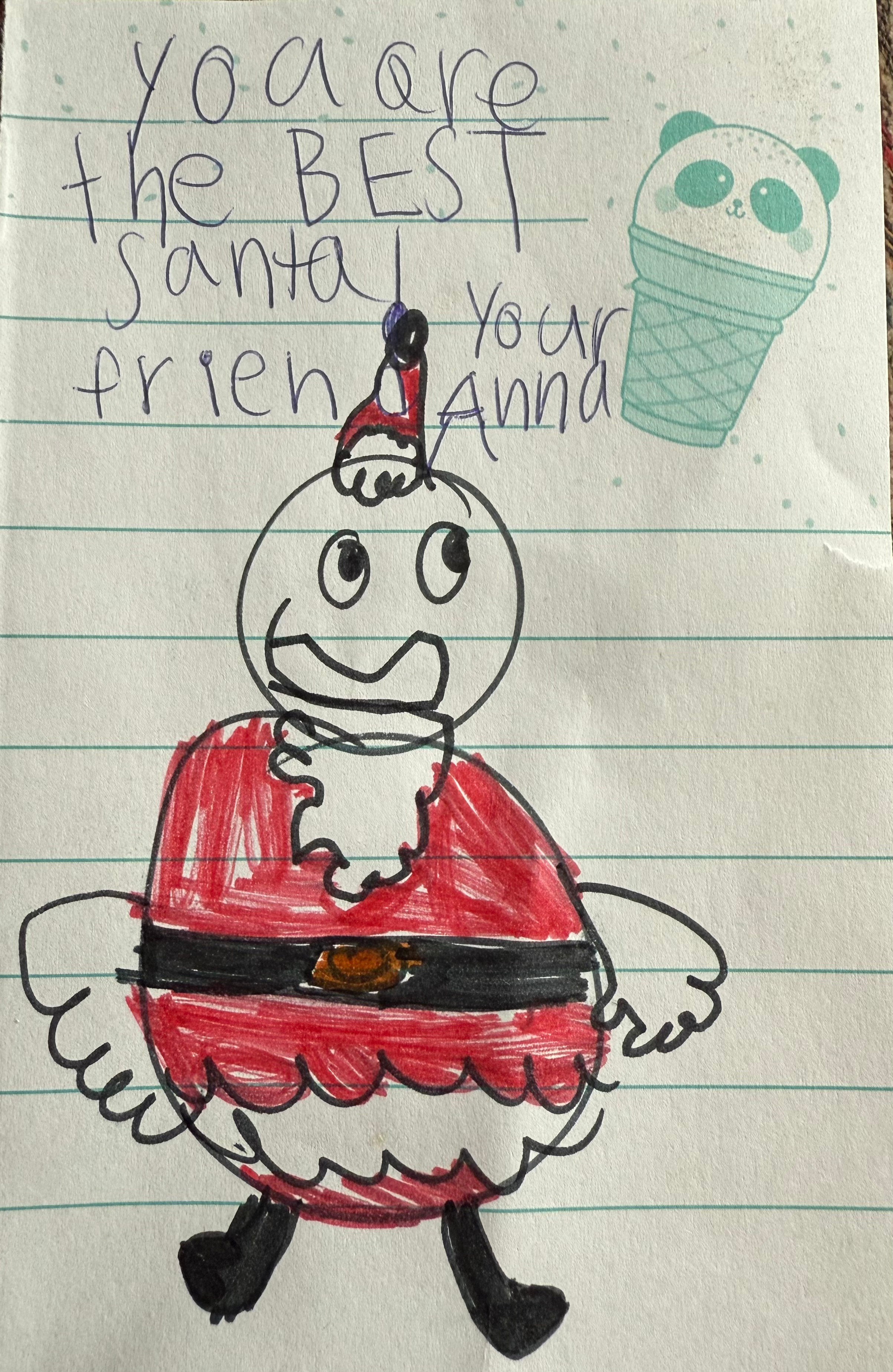 handdrawn picture expressing thanks for her visit with Santa Paul