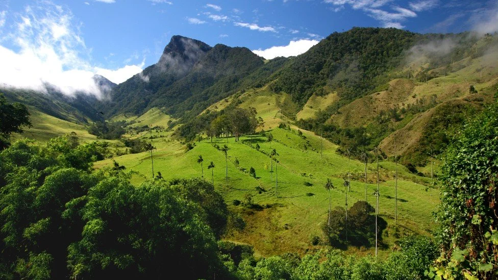 Paisaje montañoso con vegetación verde, colinas y árboles dispersos, en un día con cielos parcialmente nublados.