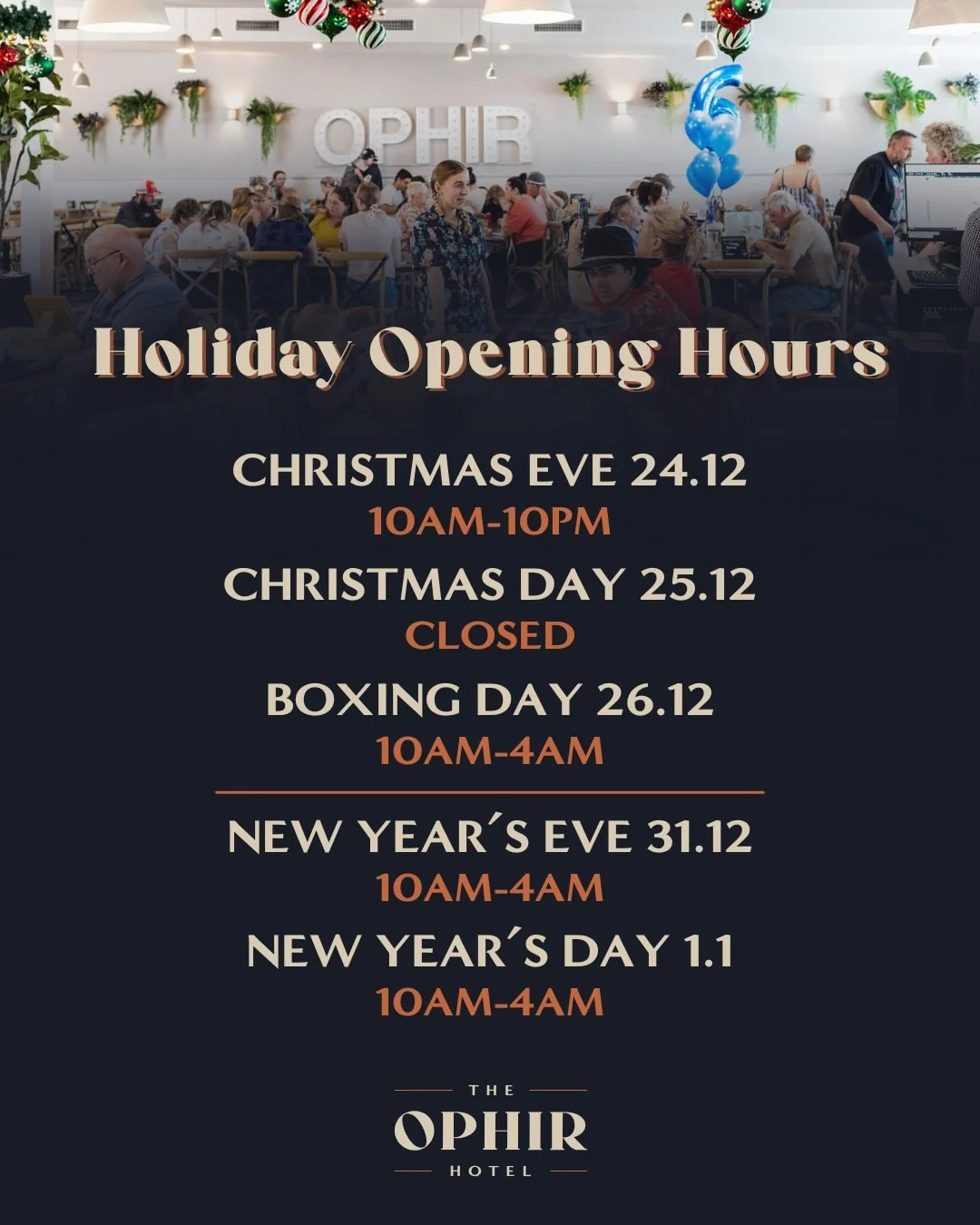The silly season is here 🍻🎅

Here&rsquo;s our holiday trading hours 🎄

Tables are filling fast over this busy period! Book online now so you don&rsquo;t miss out 📲

.
.
.
 #orangensw #centralwestnsw #theophirhotel #theophirhotelorange #theophir