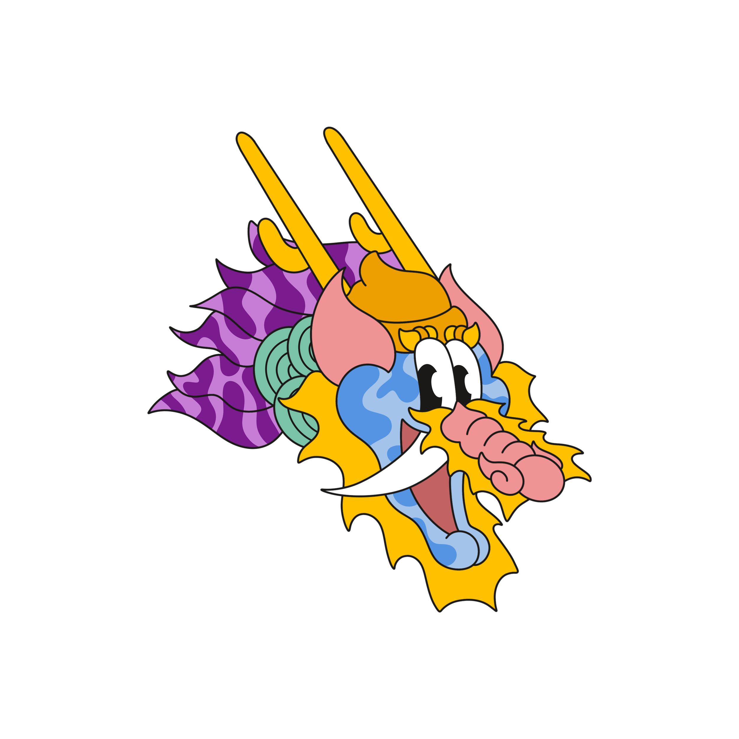 Colorful cartoon dragon with a big smile, depicted as a tattoo design with pink, purple, green, blue, and yellow colors.