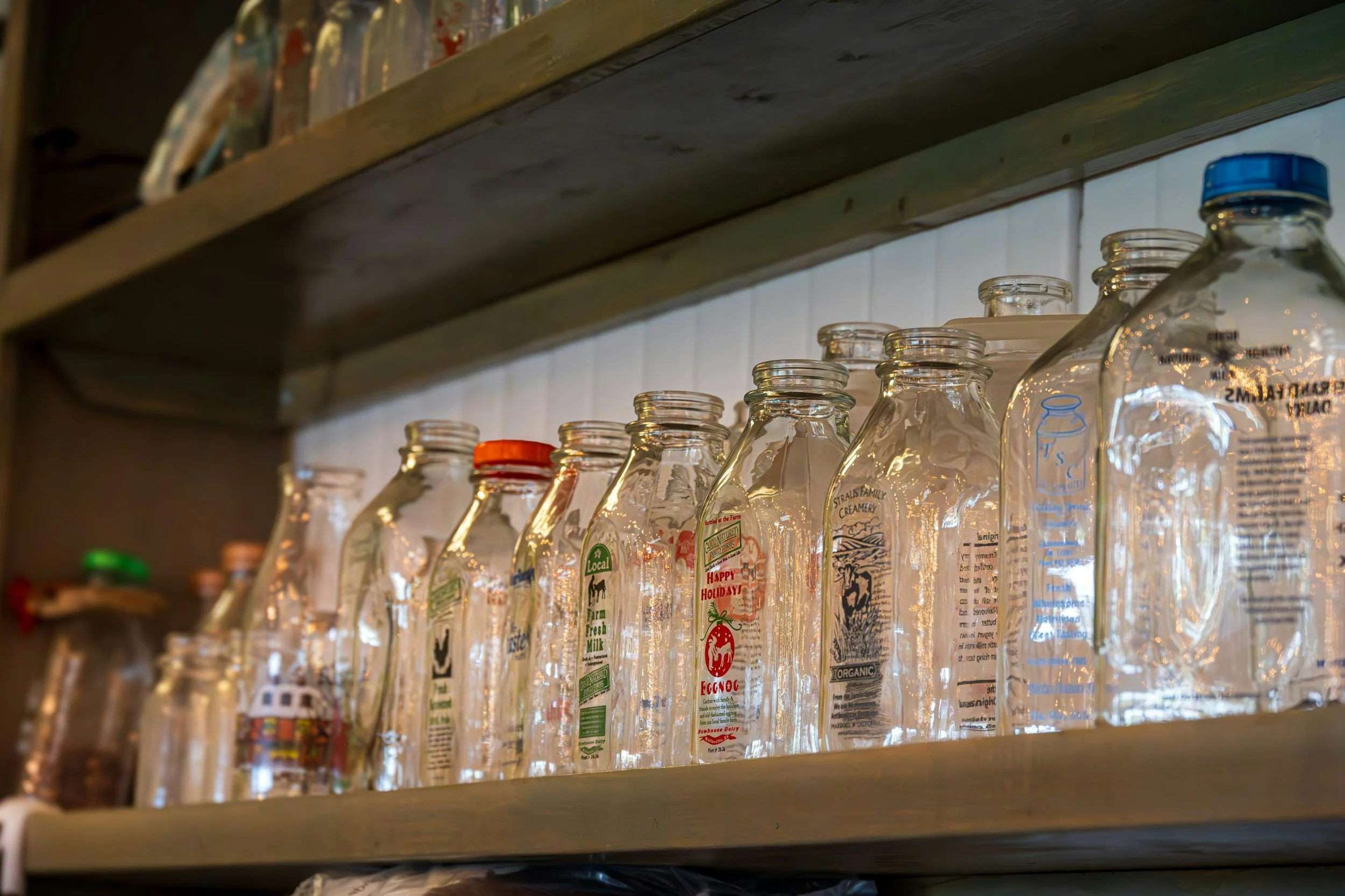 Empty glass milk bottles on a wooden shelf, some with colorful caps, in a rustic kitchen or store setting.