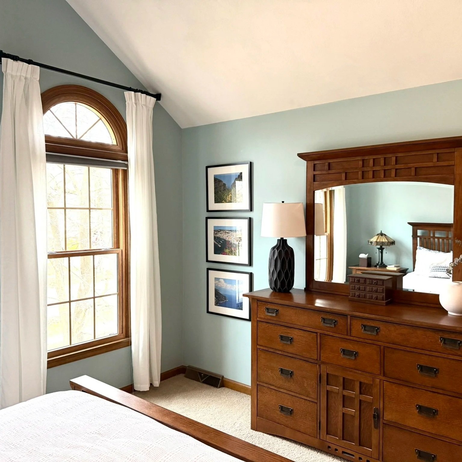 Third Street Interiors (Elmhurst-based interior design firm) featured residential interior design project of a refreshed primary bedroom in St. Charles, IL. Affordable, elevated home design.