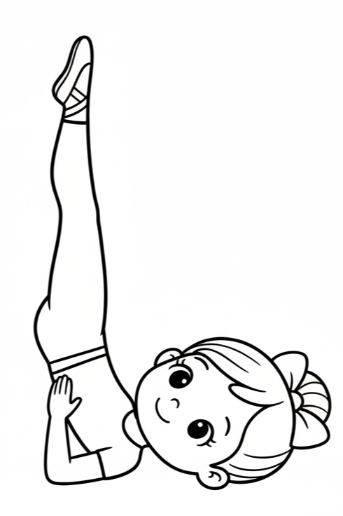 A black and white line drawing of a young girl lying on her back with one leg raised straight up, wearing a short-sleeved shirt and shorts, smiling and resting her head on her arm.