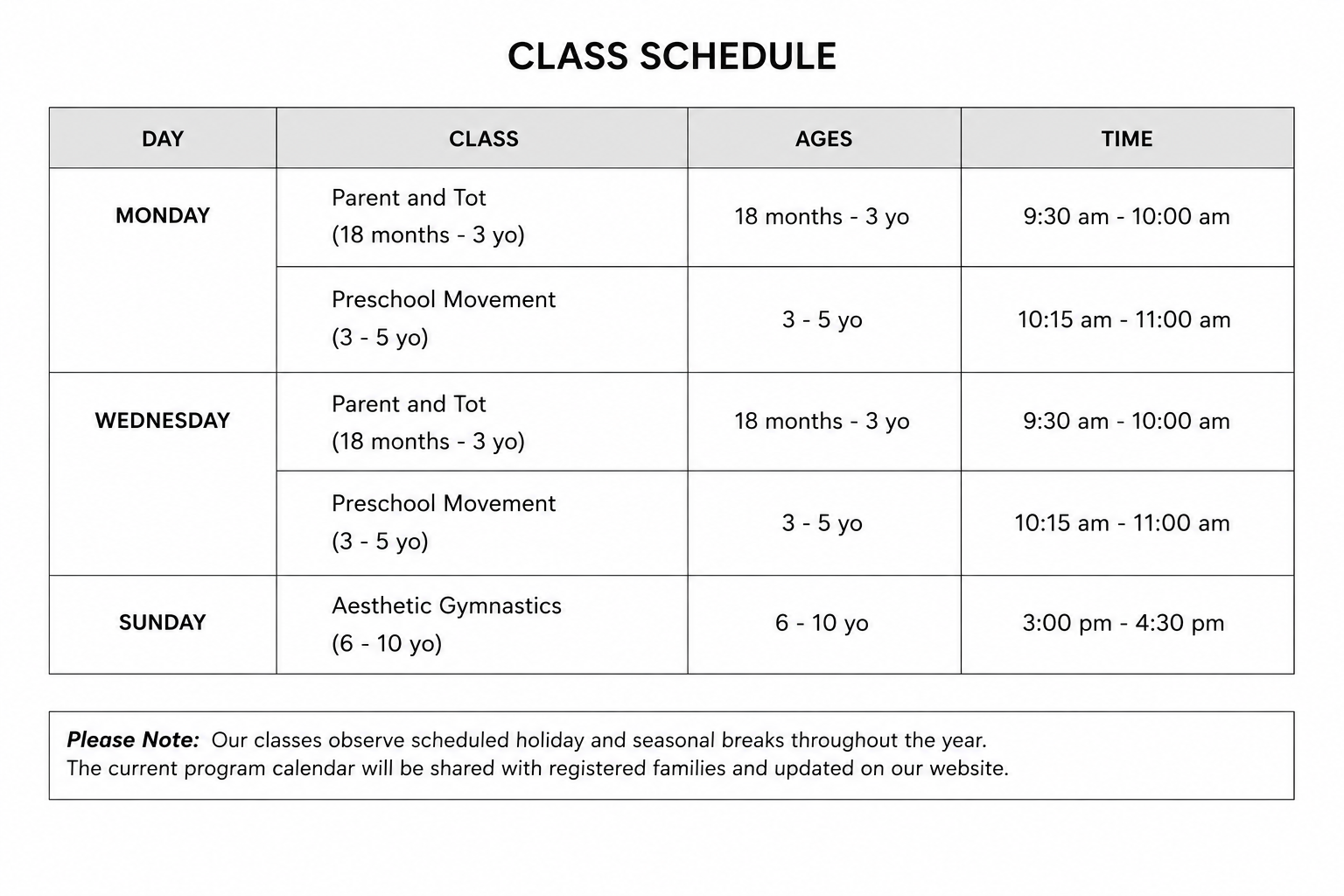 Class schedule table with days Monday, Wednesday, and Sunday, listing various classes including Parent and Tot, Preschool Movement, and Aesthetic Gymnastics, with times and age groups for each class.