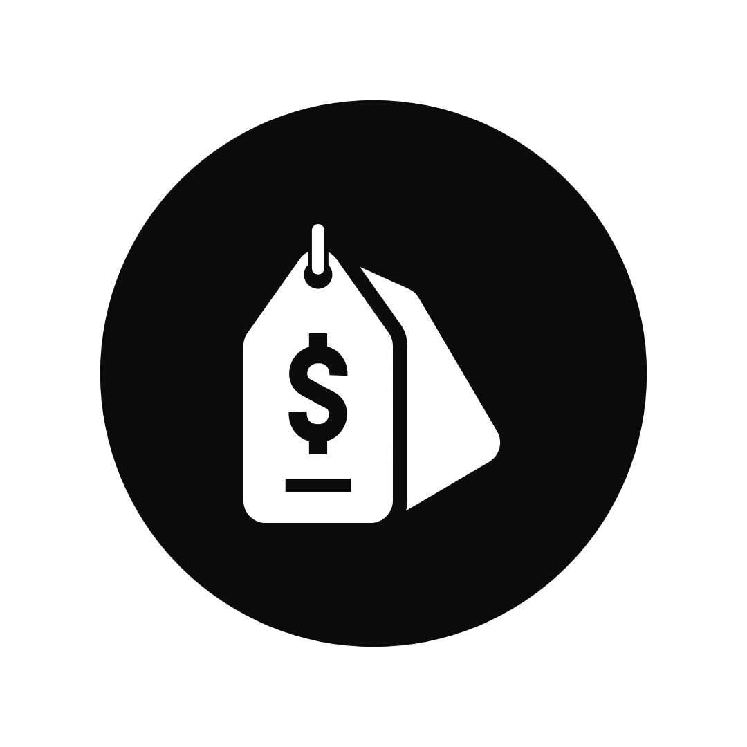 Icon of a price tag with a dollar sign and a smaller tag behind it, inside a black circle
