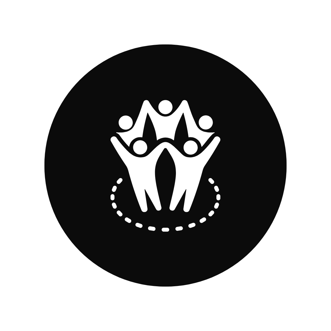 Icon of five stylized people holding hands in a circle, with dotted line beneath, within a black circle.