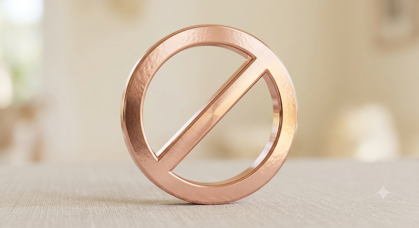 A round, metallic, rose gold-colored turbulence representing a no symbol, with a diagonal line crossing through the middle, placed on a light-colored surface