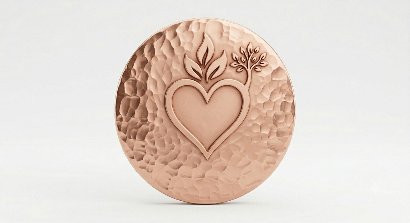 Round metallic object with hammered texture, featuring a heart shape with an arrow through it, a flame and tree silhouette on top.