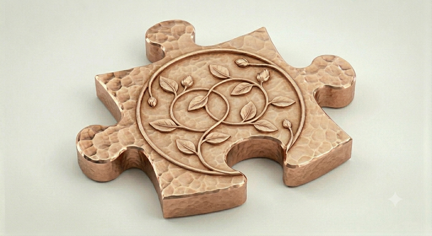A metallic copper-colored puzzle piece with an engraved vine and leaf design on its surface.