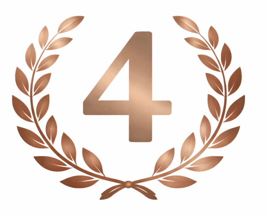 Bronze number 4 surrounded by a bronze laurel wreath.