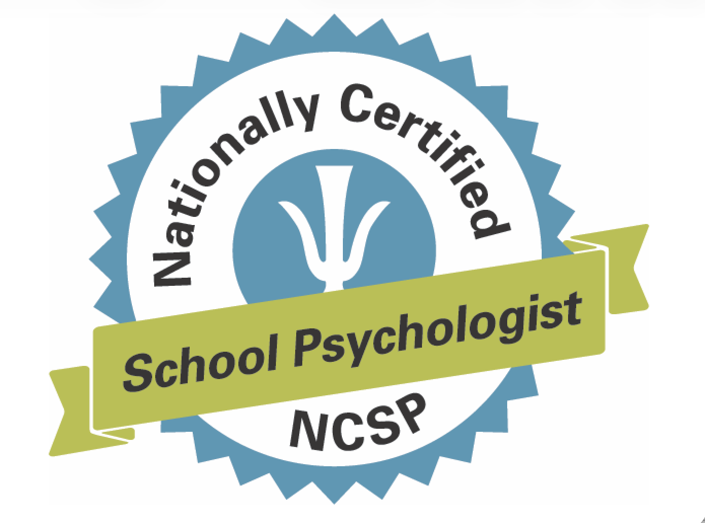NCA Certified School Psychologist badge with blue ribbon and green banner.