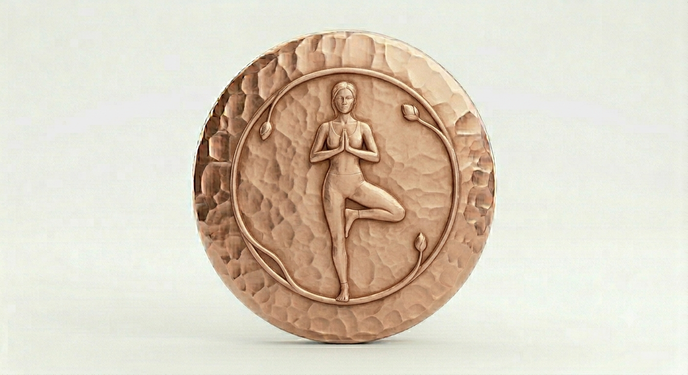 A round copper medallion with a woman in a yoga pose, hands in prayer position, standing on one leg with the other leg bent and foot resting on her thigh. The medallion has a textured background and a decorative border featuring flowers and swirling designs.