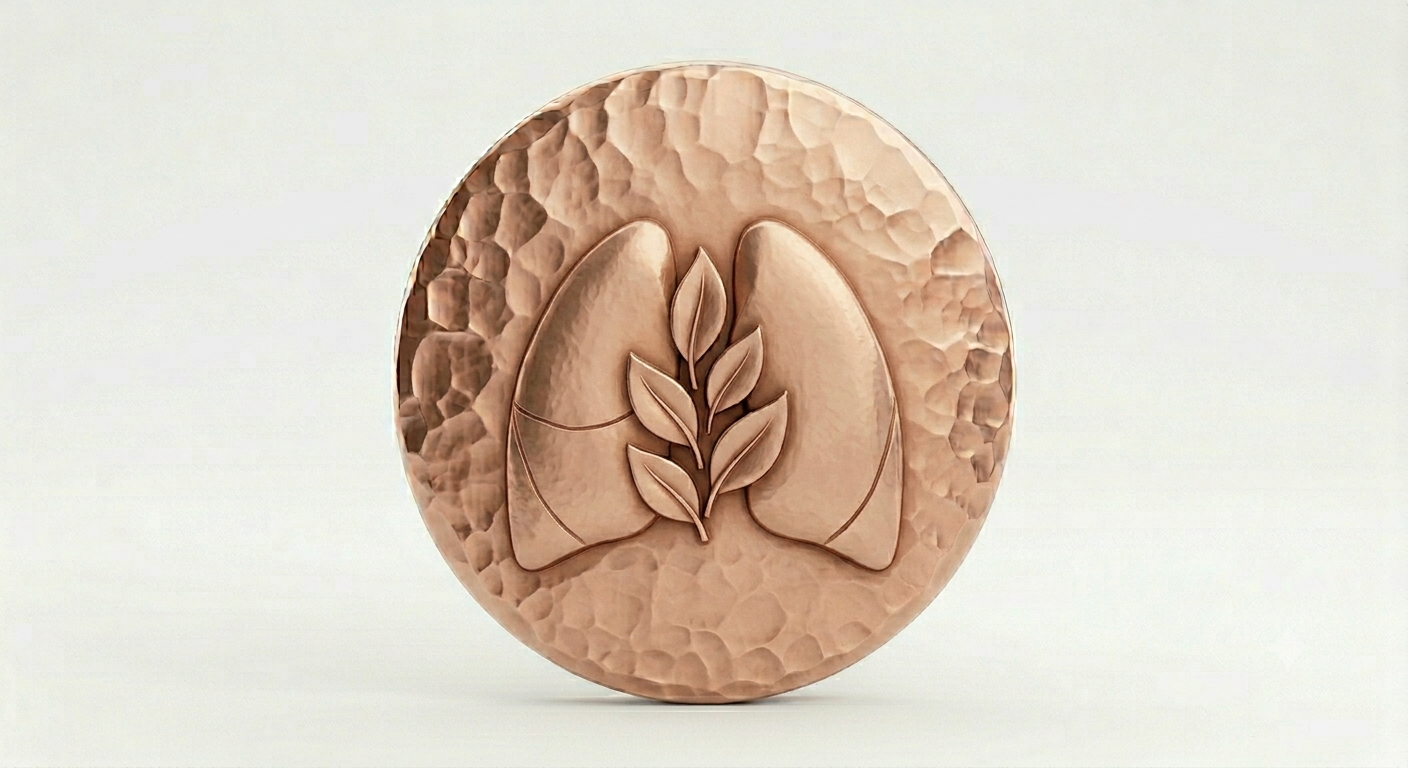 Round metallic medallion with a textured hammered surface, featuring an engraved design of two hands holding a sprig of leaves.