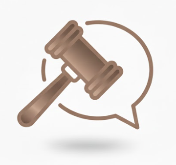 Icon of a gavel and a speech bubble behind it.
