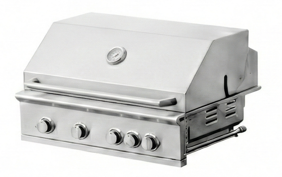 Stainless steel outdoor barbecue grill with five control knobs and a lid thermometer.