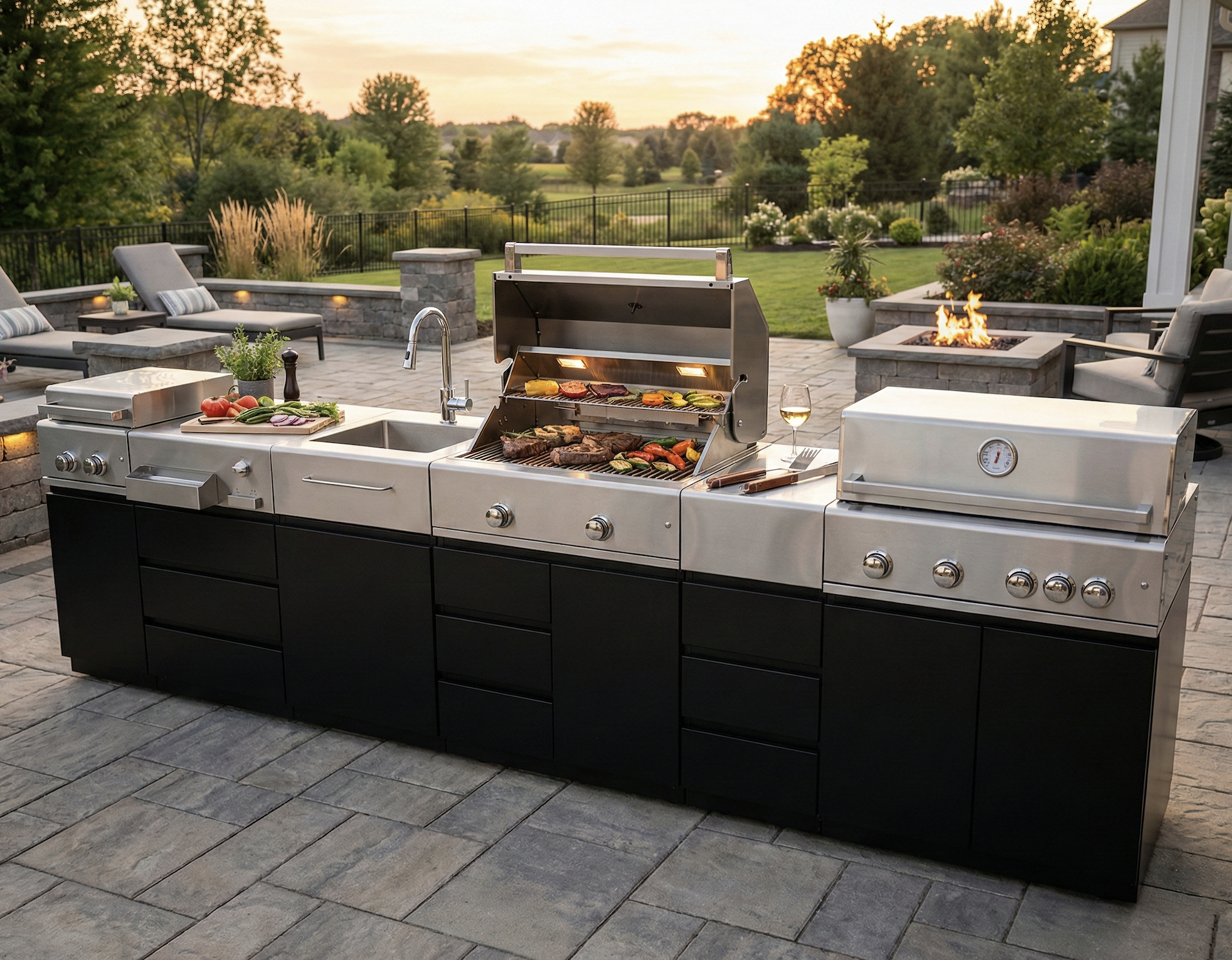 Outdoor kitchen with stainless steel grill cooking steaks and vegetables, stone patio, outdoor furniture, fire pit, and garden in the background during sunset.