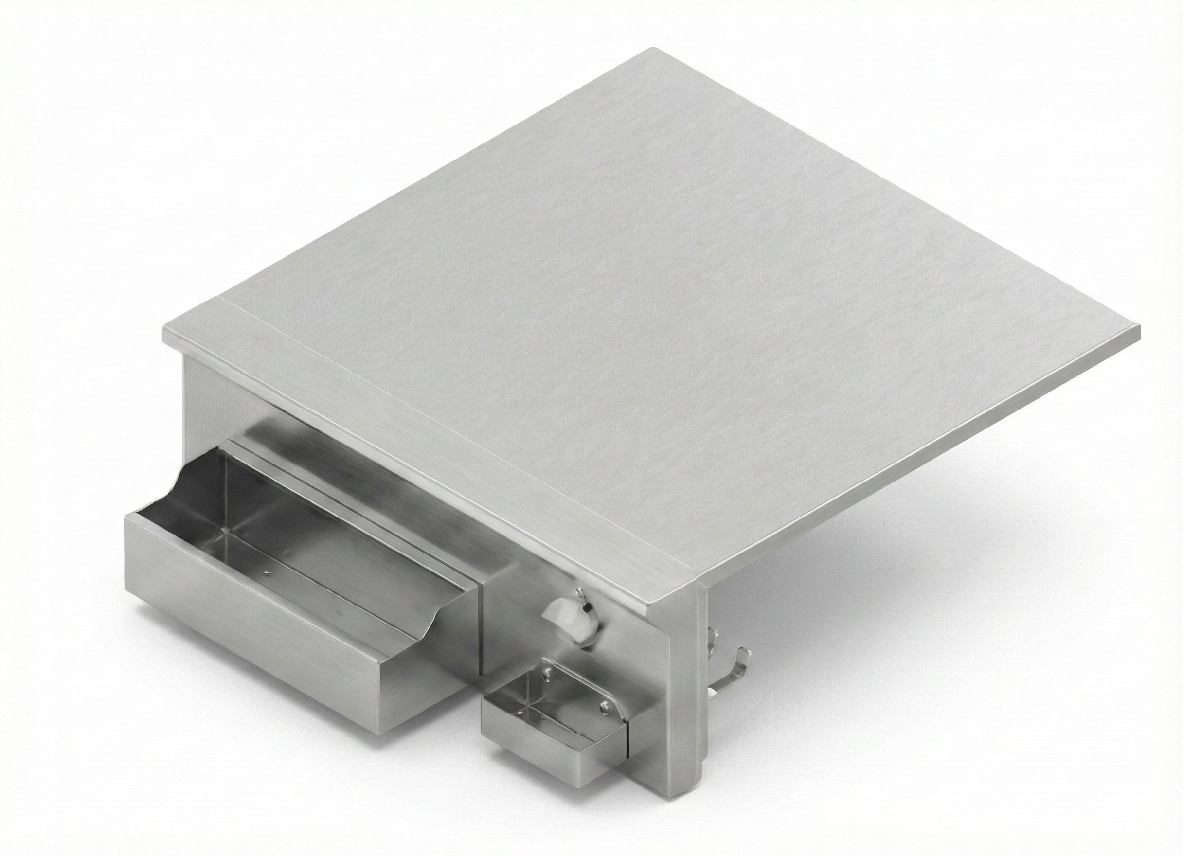 A metallic, rectangular electronic scale with a flat surface and a small digital display.