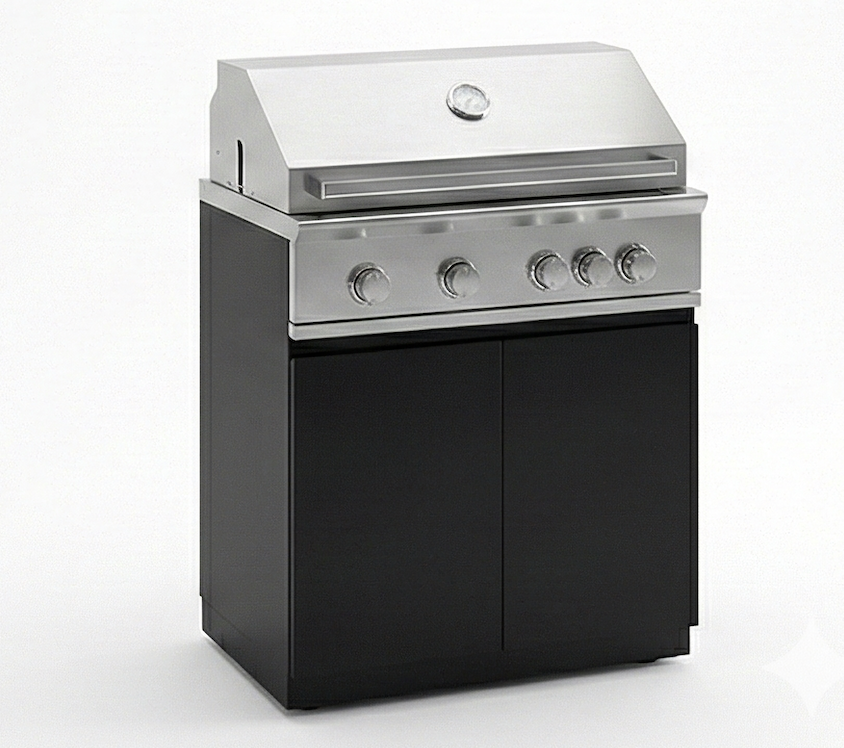 Stainless steel gas grill with black base, four control knobs, a thermometer on the lid, and a side shelf.