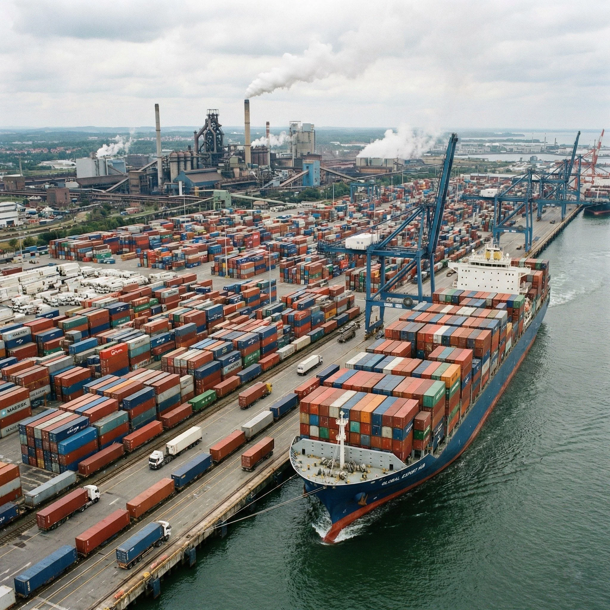 A large cargo ship docked at a busy port filled with stacked shipping containers, cranes loading or unloading, and industrial facilities in the background under cloudy skies.