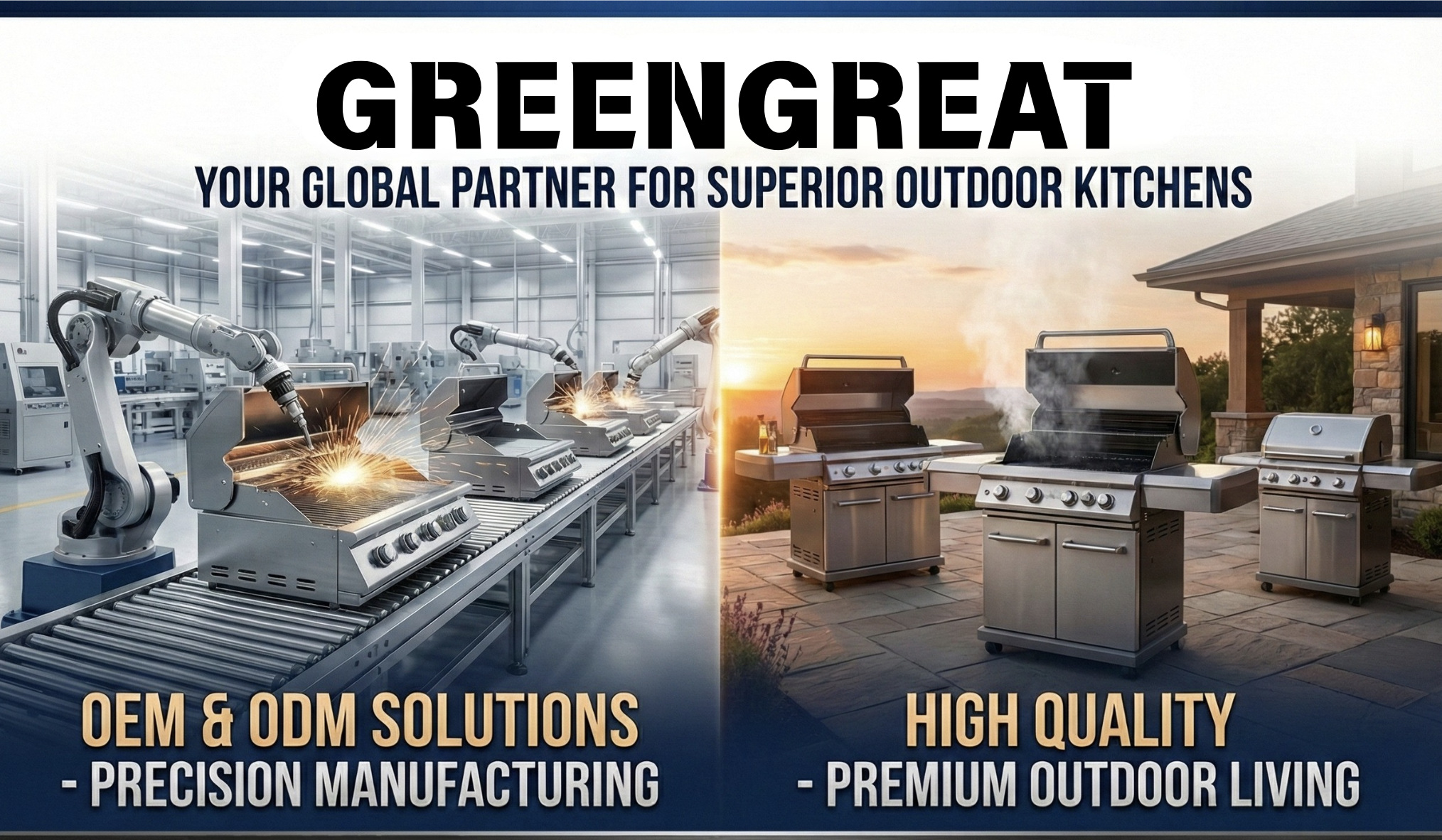 Comparison of indoor robotic manufacturing of outdoor grills, illustrating high-tech production in a factory with industrial robots on the left, and high-quality outdoor grills on a patio setting at sunset on the right. Text overlays: 'OEM & ODM Solutions - Precision Manufacturing' on the left, and 'High Quality - Premium Outdoor Living' on the right.