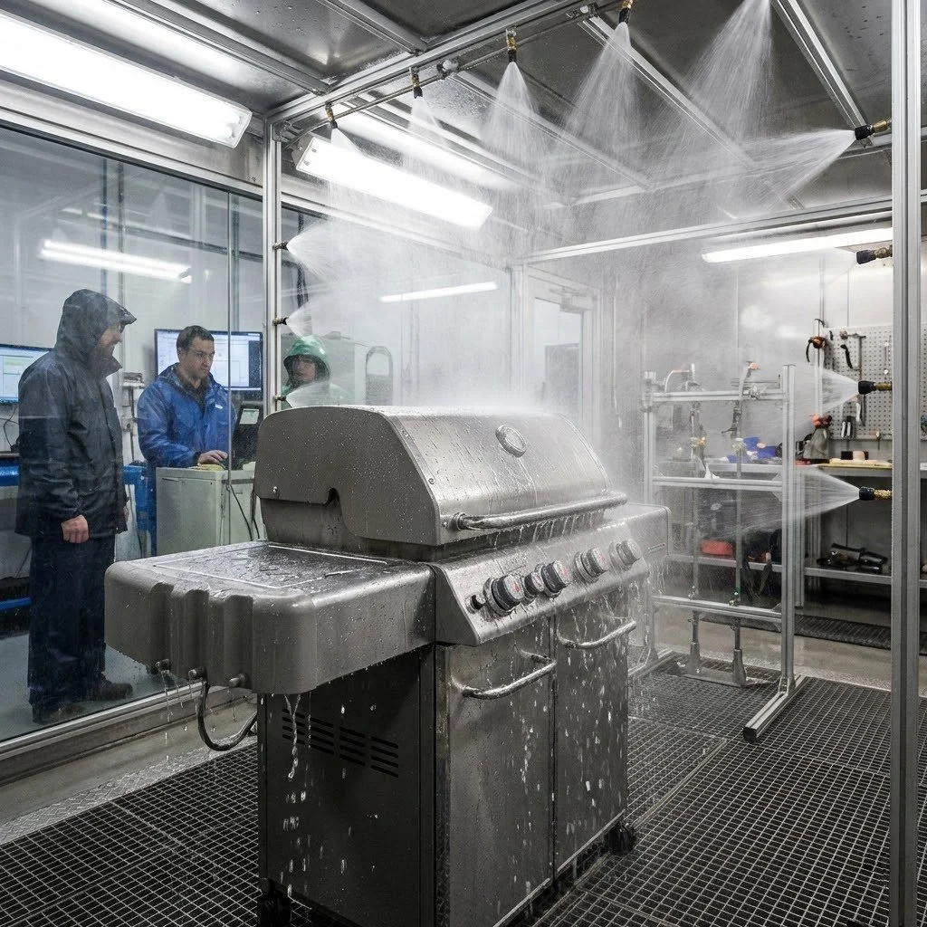 A commercial kitchen with a large grill being washed with water sprays, and three people observing through a glass wall.