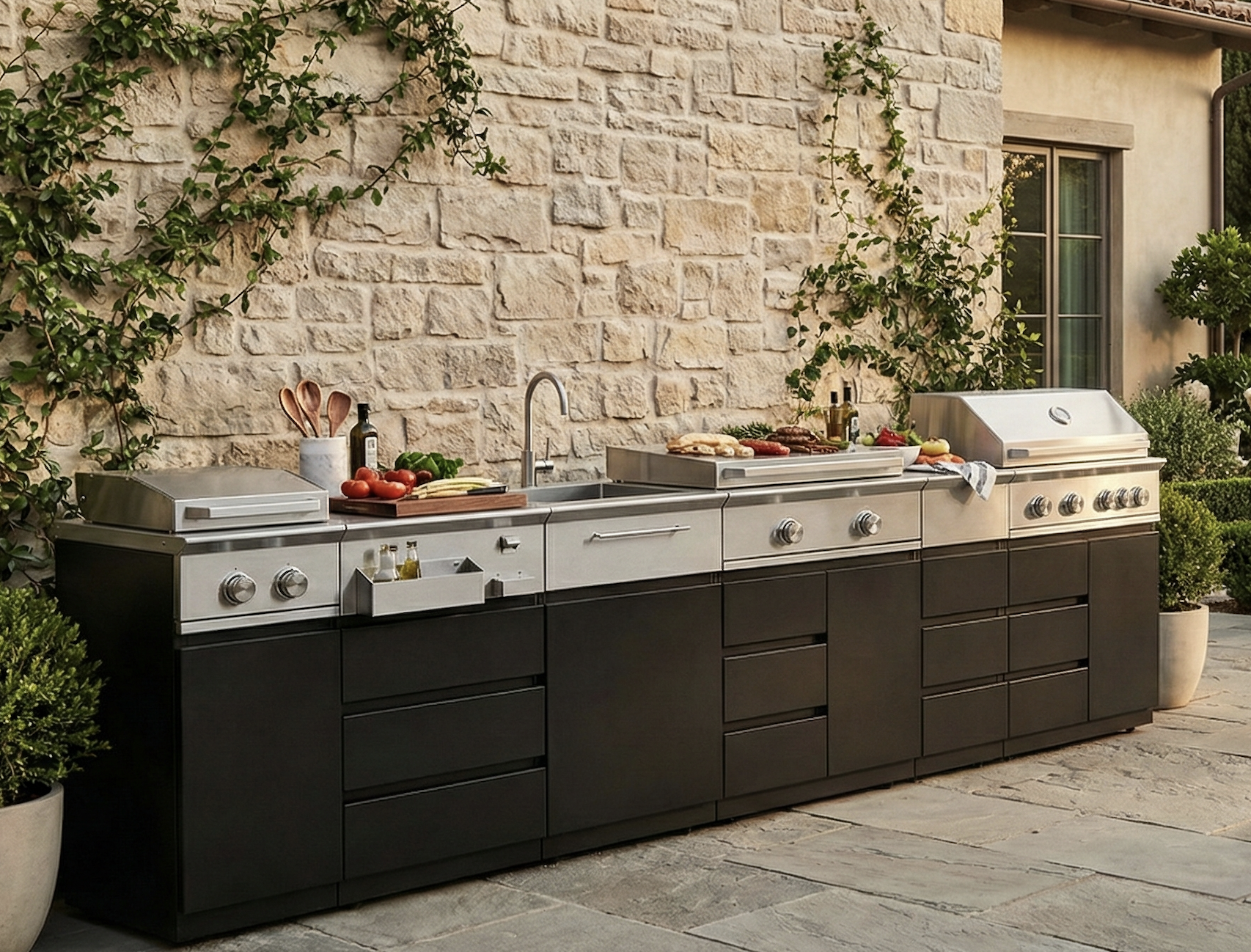 Outdoor kitchen with grill and countertop, vegetables, cooked meats, and cooking utensils, against stone wall with plants.