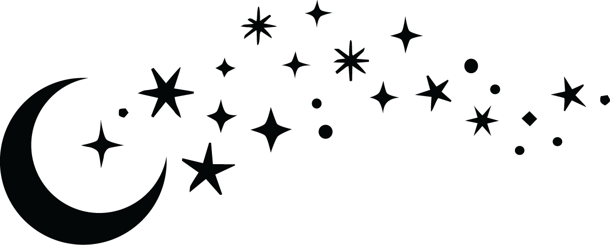 Dark background with moon, stars, and sparkles, creating a night sky scene.